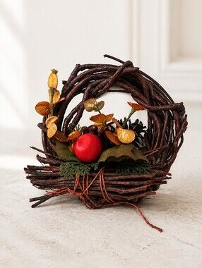 Autumn Twig Holiday Wreath Basket with Orange Accents